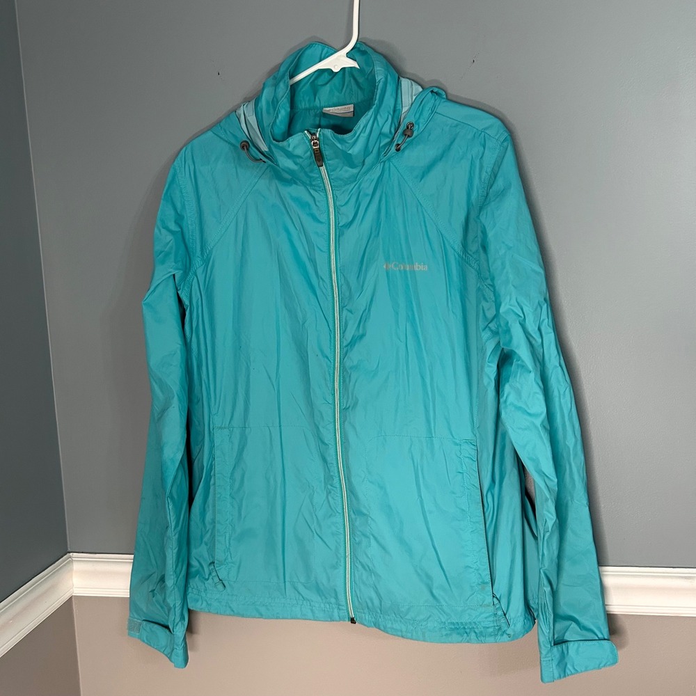 Columbia Womens XL Packable Windbreaker Jacket Teal Blue Hooded Full Zip